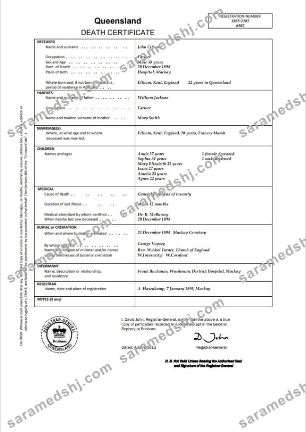 Australia Queensland death certificate template in Word